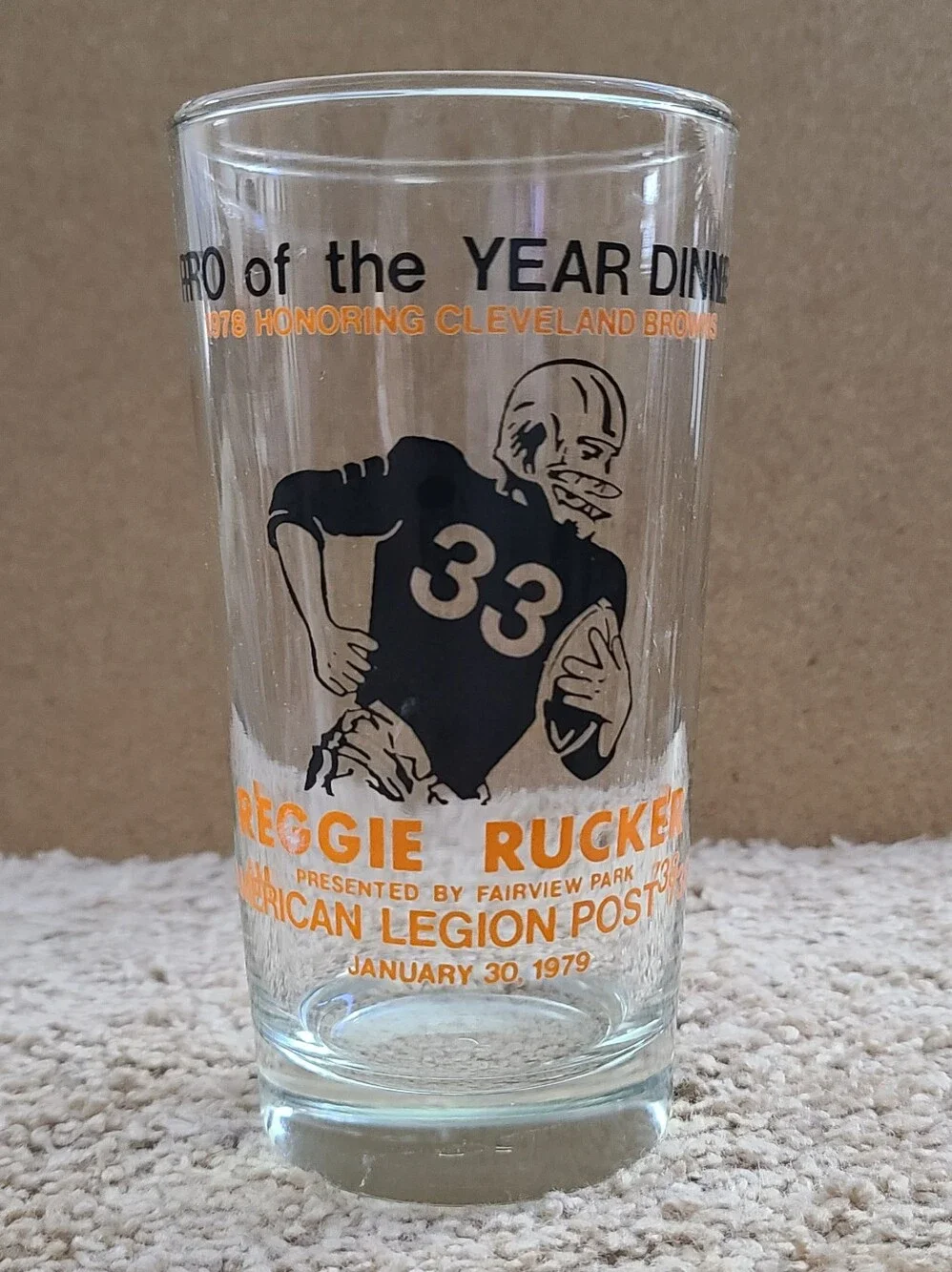 Vintage Reggie Rucker Cleveland Browns Pro of the Year Dinner Glass